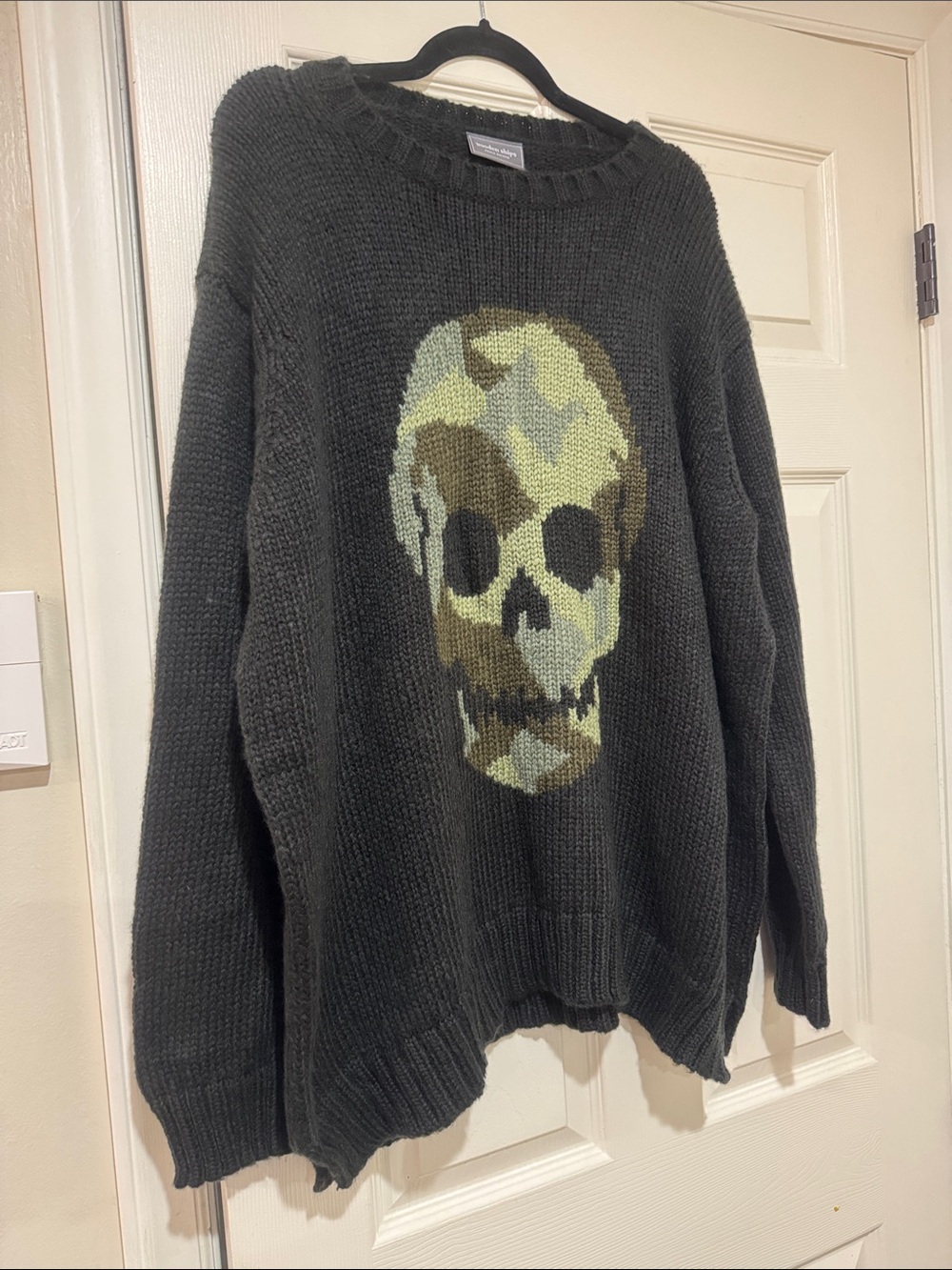 Wooden Ships Charcoal Crewneck Sweater with Camo Skull